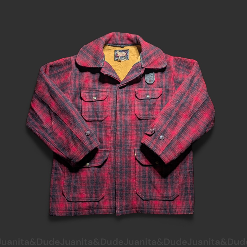 1950s Woolrich Mens Wool Jacket Large Red Black Buffalo Plaid Mackinaw Coat